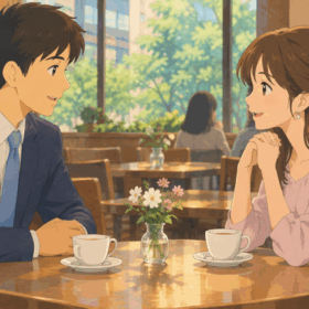 カフェでお見合いをする二人